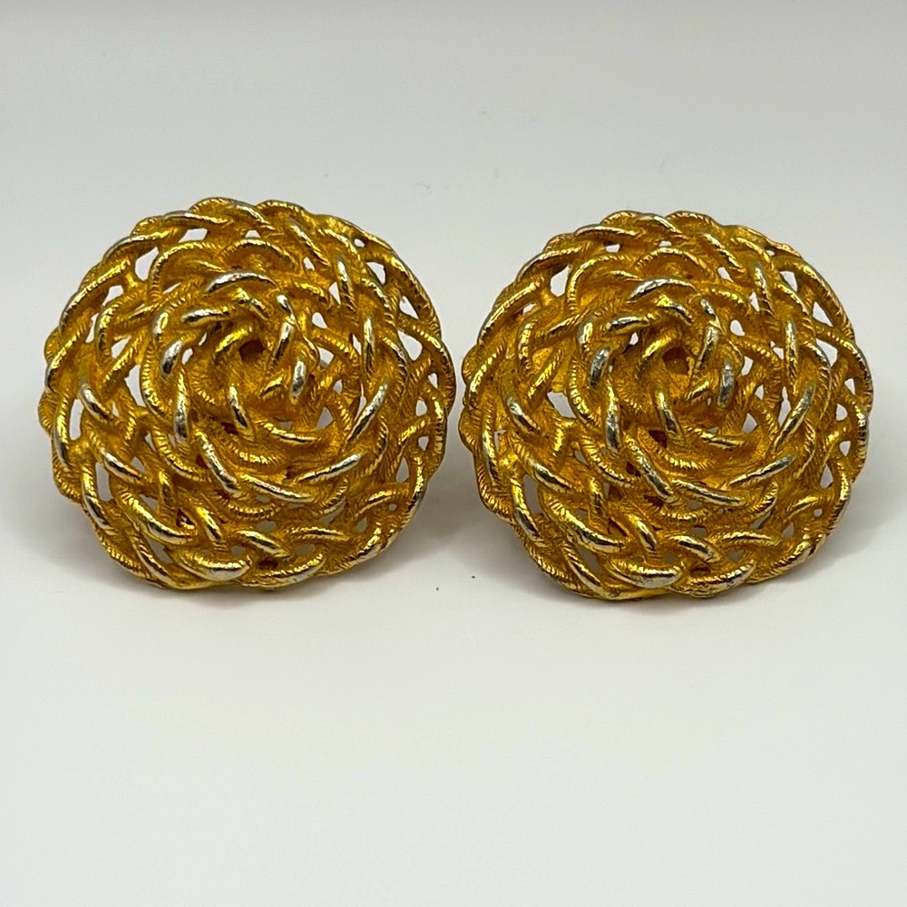 Vintage 50s 60s Frederick Mossel Intricate Rope Gold Woven Earrings Clip Ons